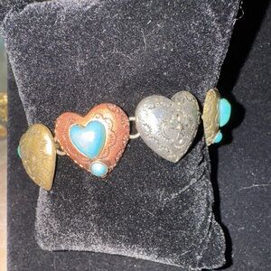 Vintage Heart Bracelet Multi Tone And Turquoise With Magnetic Clasp